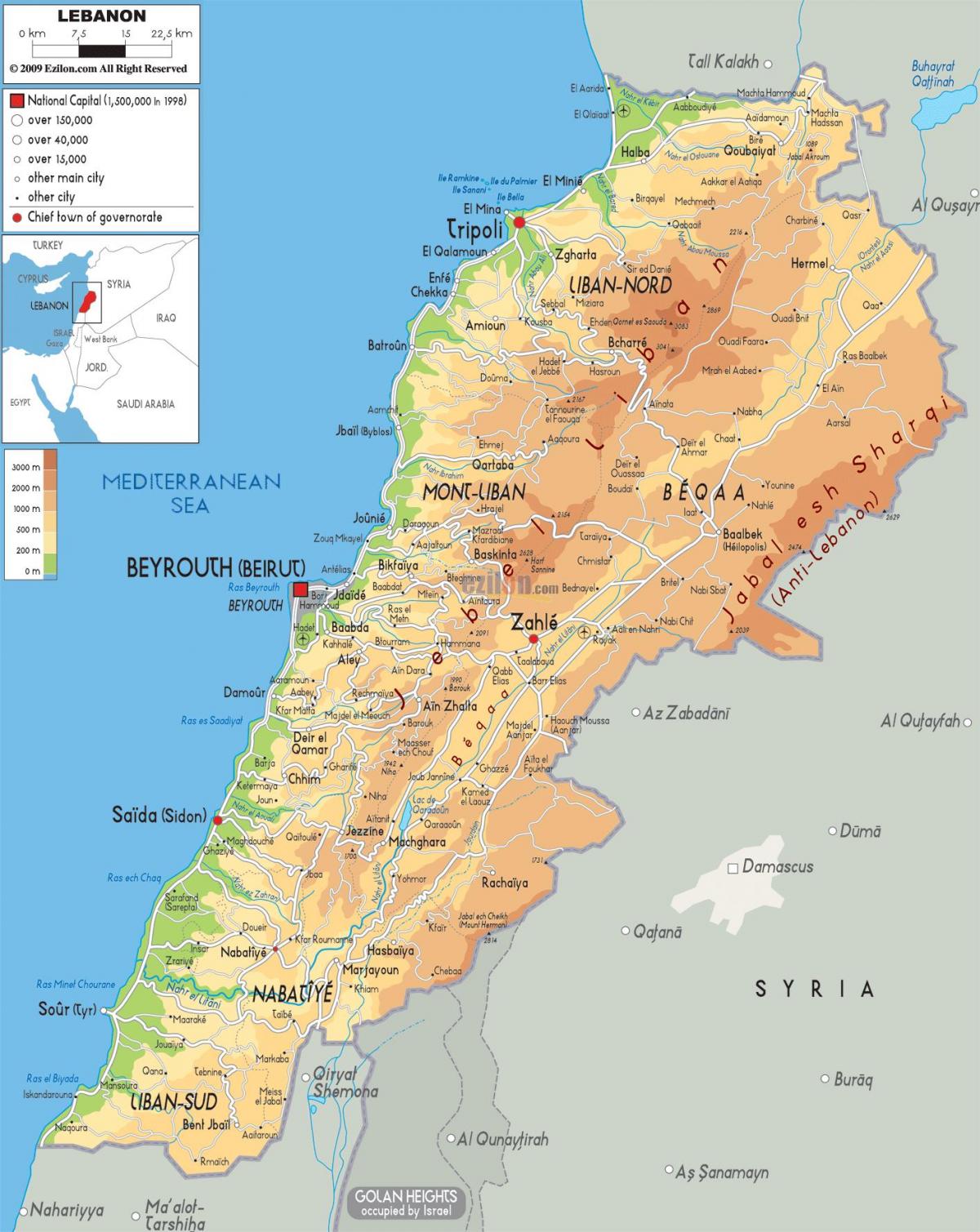 mappa del Libano fisico